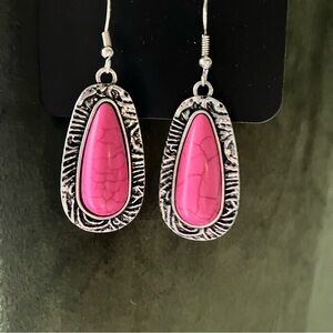Etched silver with pink stone small teardrop earrings